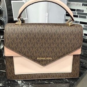 Michael Kors Brown and Blush Pink Top-Handle Satchel